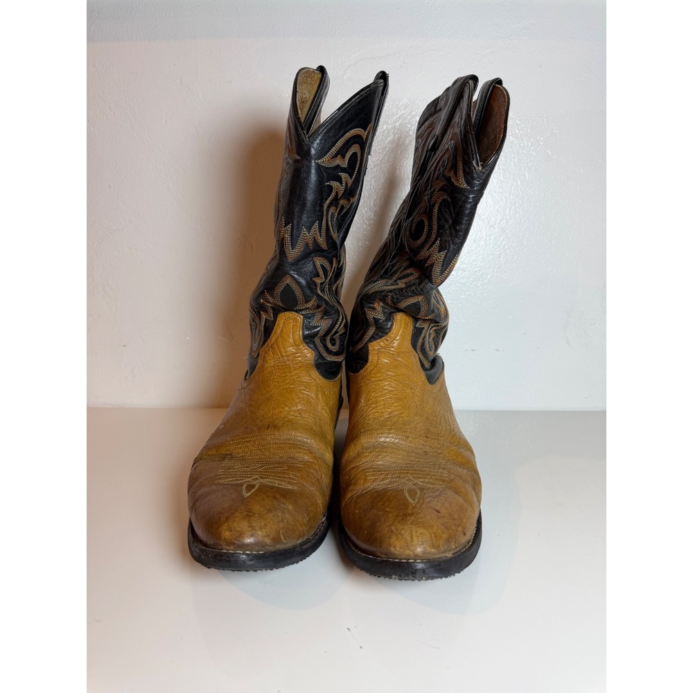 Tony Lama Mens Western Cowboy Boots Tan Black Leather Embroidered Two Tone